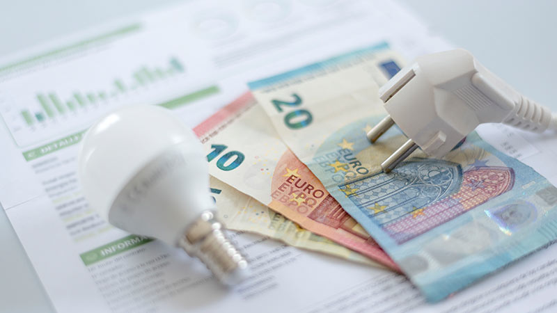 Fatura com uma lâmpada e notas de euro